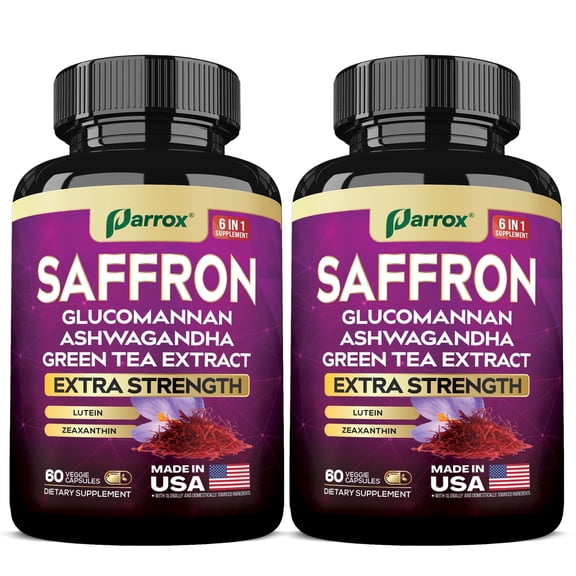 Parrox Saffron Supplement with Glucomannan, Ashwagandha, Green Tea Extract, Zeaxanthin & Lutein, Vision Support & Daily Wellness Formula, Extra Strength Plant-Based Capsules, 4 Month Supply (2 Pack)