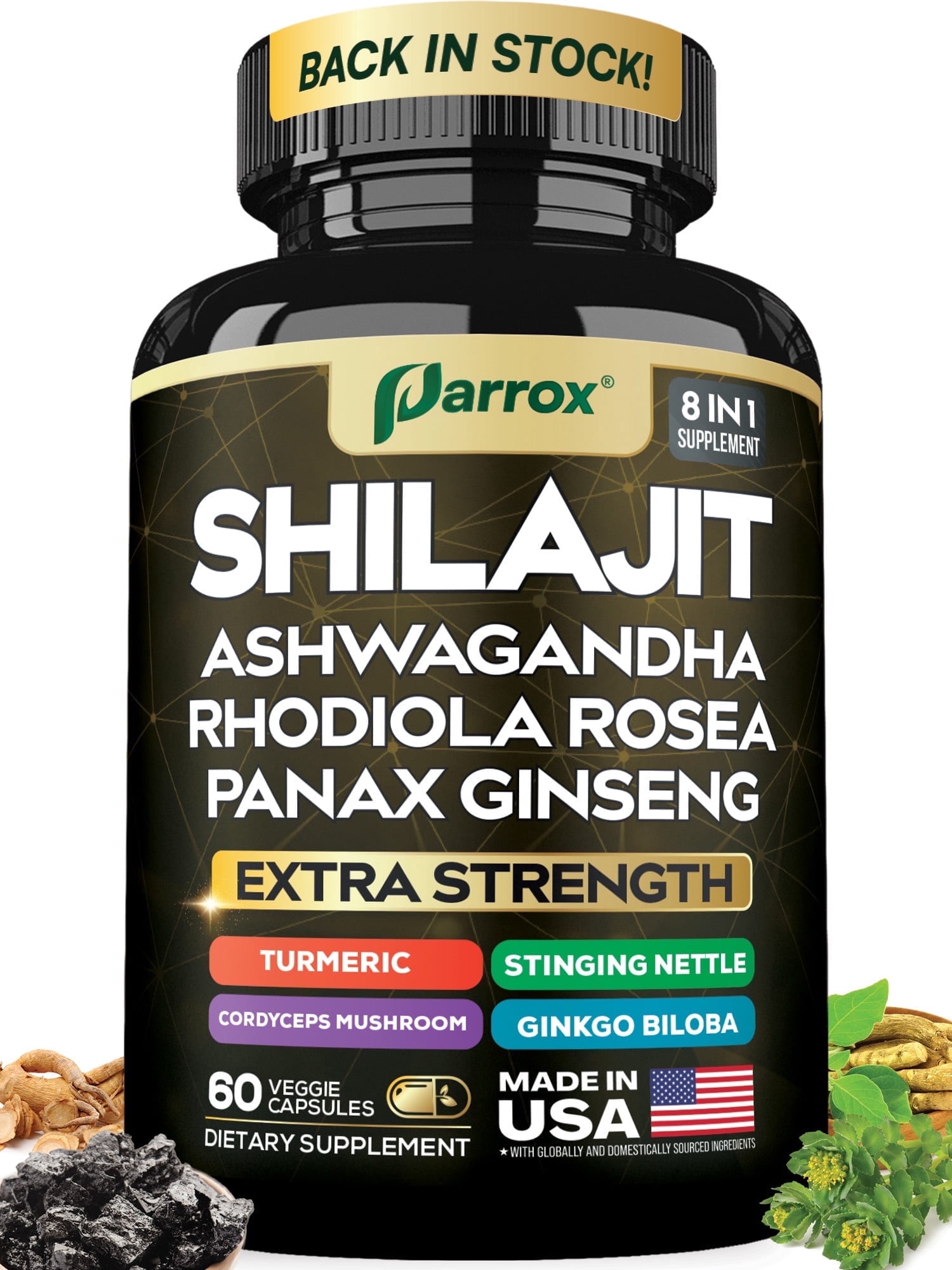 Parrox Shilajit Supplement, Panax Ginseng, Ashwagandha, Rhodiola Rosea, Cordyceps Mushroom, Stinging Nettle, Turmeric, Gingko Biloba – Pure Shilajit All In One Supplements for Men and Women (60 Caps)
