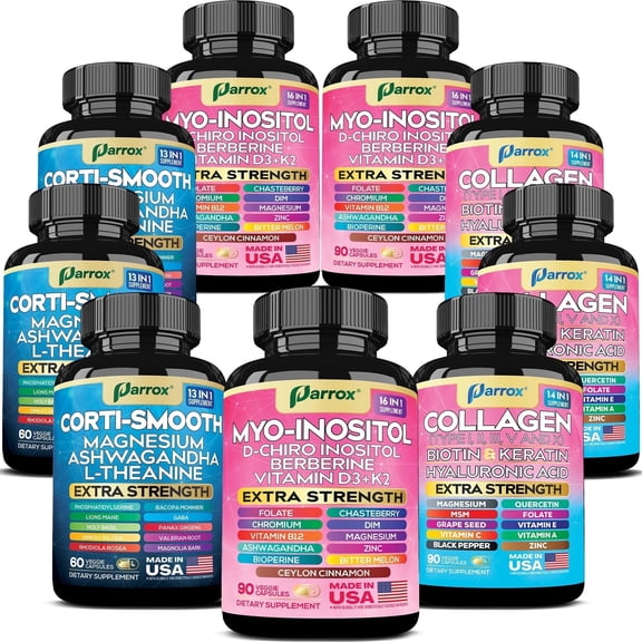 Parrox Ultimate Wellness Bundle Collagen Peptides Types I, II, III, V, X with Biotin & Keratin,Myo-Inositol,DIM,Vitex,L-Theanine,Berberine,Lions Mane,Cortisol Support,Magnesium,Ashwagandha (3 Pack)