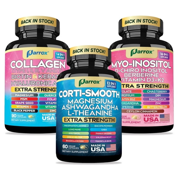 Parrox Ultimate Wellness Bundle – Collagen Peptides Types I, II, III, V, X with Biotin & Keratin, Myo-Inositol, DIM, Vitex, L-Theanine, Berberine, Lions Mane, Cortisol Support, Magnesium, Ashwagandha