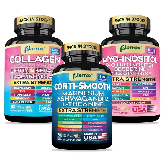 Parrox Ultimate Wellness Bundle – Collagen Peptides Types I, II, III, V, X with Biotin & Keratin, Myo-Inositol, DIM, Vitex, L-Theanine, Berberine, Lions Mane, Cortisol Support, Magnesium, Ashwagandha