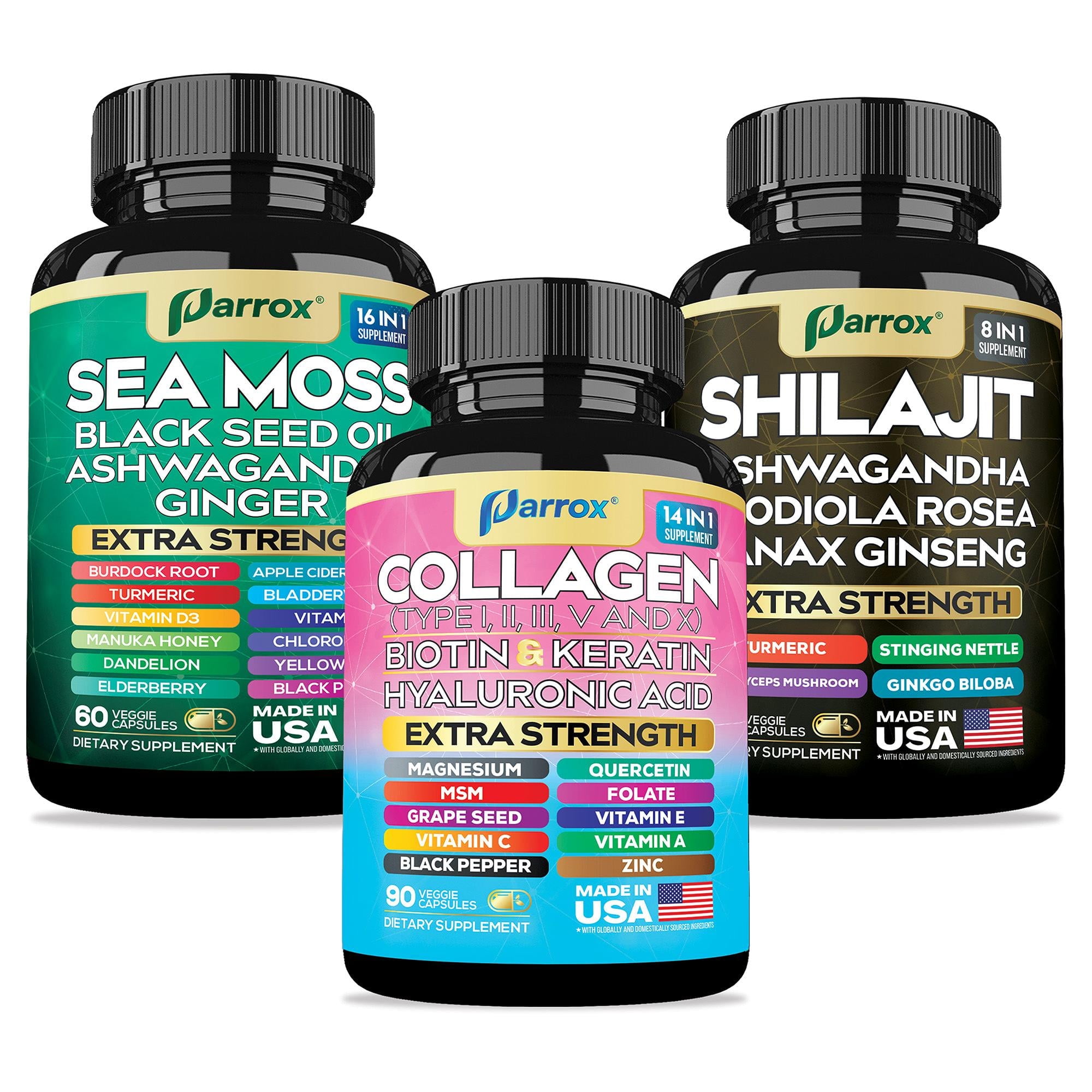Parrox Ultimate Wellness Trio - Sea Moss, Black Seed Oil, Ashwagandha, Ginger, Burdock Root, Rhodiola Rosea, Panax Ginseng, Turmeric, Collagen Types I II III V X, Biotin, Keratin, Hyaluronic Acid