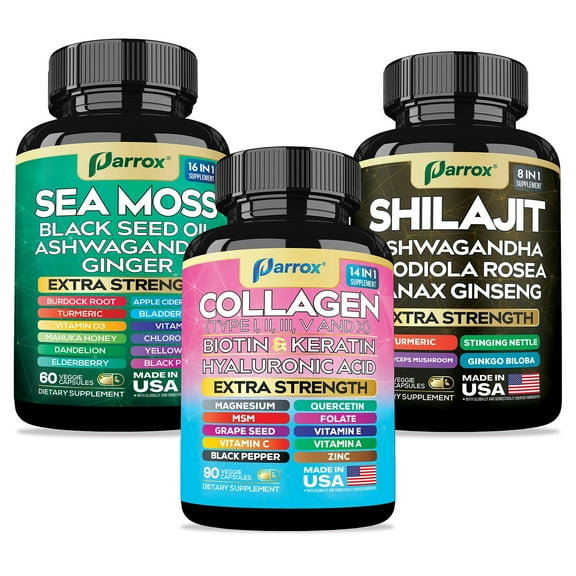 Parrox Ultimate Wellness Trio - Sea Moss, Black Seed Oil, Ashwagandha, Ginger, Burdock Root, Rhodiola Rosea, Panax Ginseng, Turmeric, Collagen Types I II III V X, Biotin, Keratin, Hyaluronic Acid