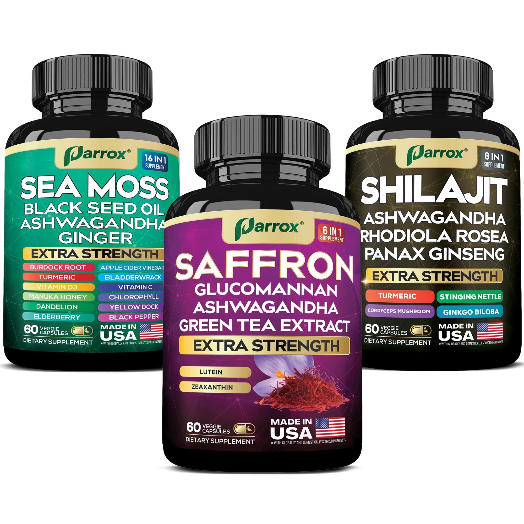 Parrox Vision Vitality Trio - Sea Moss, Black Seed Oil, Ashwagandha, Burdock Root, Saffron, Lutein, Zeaxanthin, Glucomannan, Green Tea Extract, Panax Ginseng, Ginkgo Biloba, Rhodiola Rosea, Turmeric