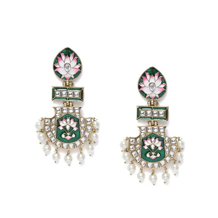 Parshwa Creation Gold Plated Green & Pink Meenakari Lotus Design Kundan Dangle Earring For Women