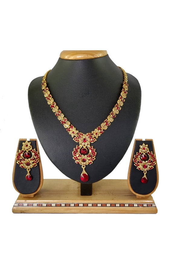 Parshwa Creation Indian Maroon/Red Rhinestone Alloy Gold Plated Necklace & Earrings Women's Jewelry Sets