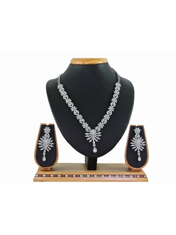 Parshwa Creation Indian White/Colorless Rhinestone Alloy Silver Plated Necklace & Earrings Women's Jewelry Sets