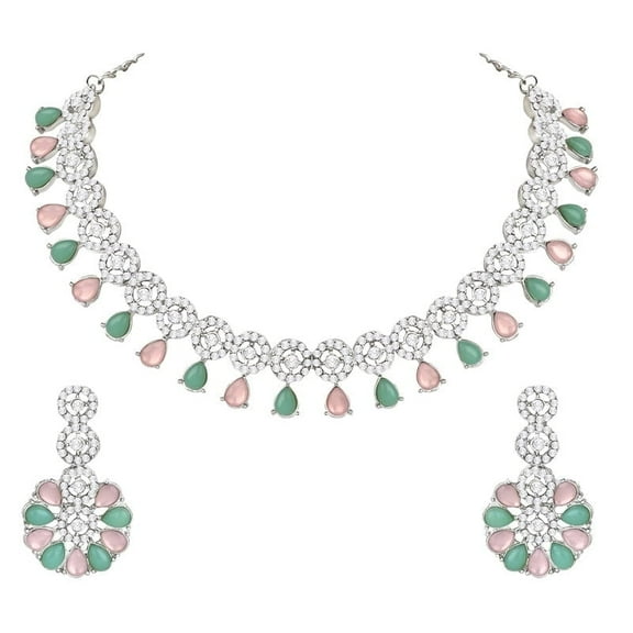 Parshwa Creations Exquisite Indian Bollywood Wedding Silver Plated Choker Necklace Set