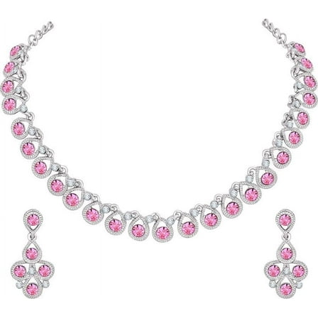 Parshwa Creations Choker Pink, Rhinestone Necklace Set, Silver Plated