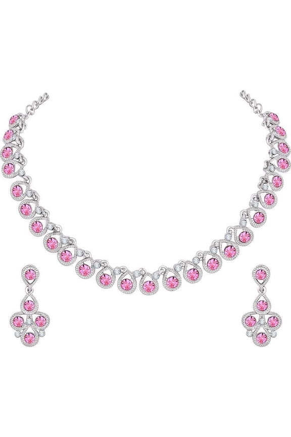Choker Pink, Rhinestone Necklace Set, Silver Plated