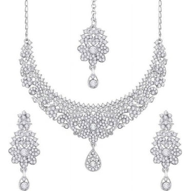 Parshwa Creations Exquisite Indian Bollywood Wedding Silver Plated Choker Necklace Set