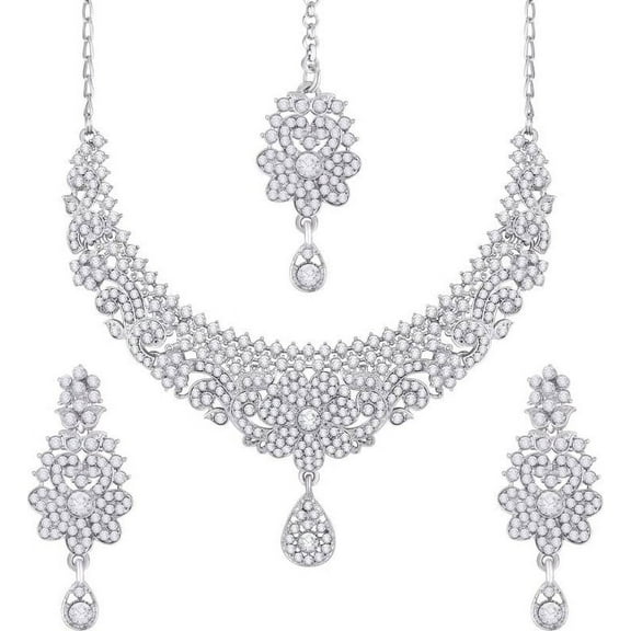 Parshwa Creations Exquisite Indian Bollywood Wedding Silver Plated Choker Necklace Set