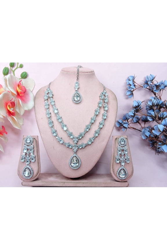 Exquisite Indian Bollywood Wedding Silver Plated Kundan Jewelry Choker Necklace Set