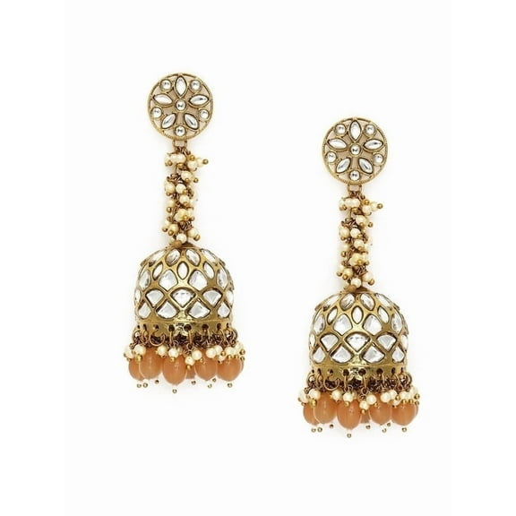 Parshwa Creations Gold-Plated & Peach-Coloured Antique Kundan Studded Dome Shaped Jhumkas