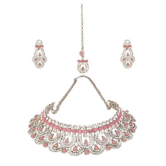Parshwa Creations Indian Bollywood Bridal Wear, Silver Plated Jewelry Set Necklace with Earrings for Women - Jewelry Set for Garba Night, Party, Wedding, Engagement & Festive