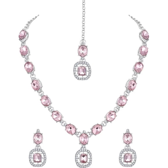 Parshwa Creations Indian Bollywood Style Silver Plated Rhinestone Jewelry Set Necklace with Earrings for Women - Crystal, Alloy Jewelry Set for Party, Wedding, Engagement