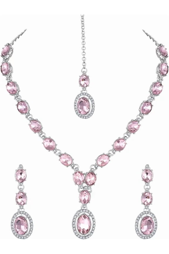 Indian Bollywood Style Silver Plated Rhinestone Jewelry Set Necklace with Earrings for Women - Crystal, Alloy Jewelry Set for Party, Wedding, Engagement