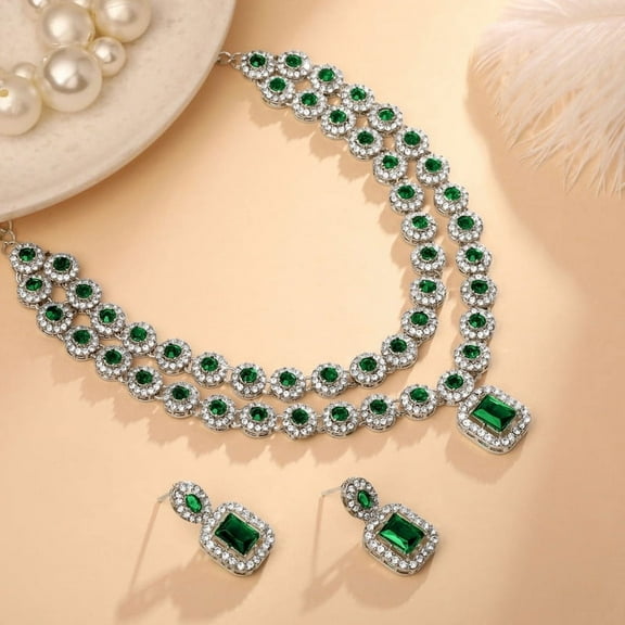 Parshwa Creations Indian Bollywood Style Silver Plated Rhinestone Jewelry Set Necklace with Earrings for Women - Resin Bead, Alloy Jewelry Set for Party, Wedding, Engagement