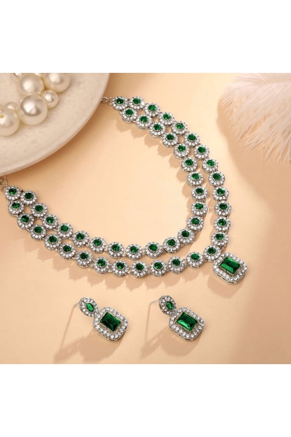 Indian Bollywood Style Silver Plated Rhinestone Jewelry Set Necklace with Earrings for Women - Resin Bead, Alloy Jewelry Set for Party, Wedding, Engagement