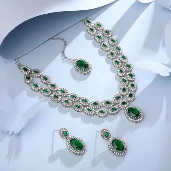 Parshwa Creations Indian Bollywood Style Silver Plated Rhinestone Jewelry Set Necklace with Earrings for Women - Resin Bead, Alloy Jewelry Set for Party, Wedding, Engagement