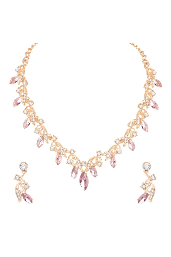 Indian Gold Plated Crystal Drop Jewelry Set,Bollywood Style Wedding & Bridal Wear Necklace Earrings Rhinestone Jewelry Set PINK