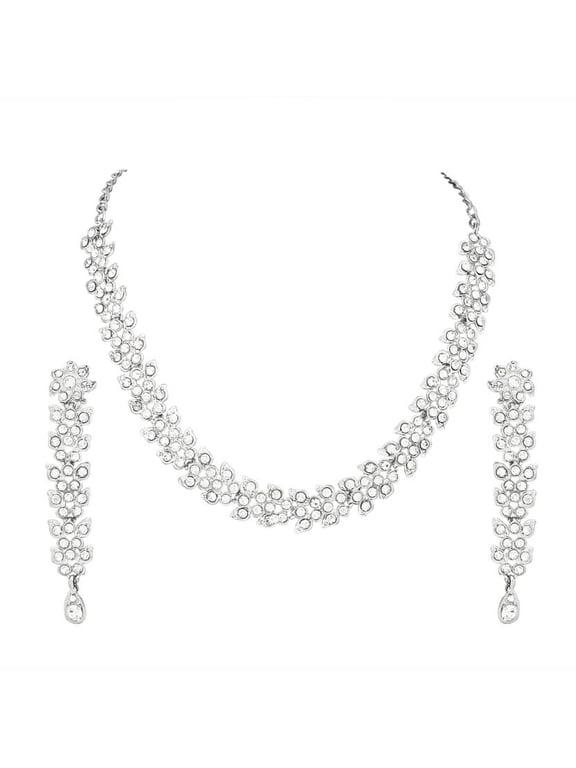 Indian Wedding Prom Silver Plated Rhinestone Choker Necklace Earrings Jewelry Set