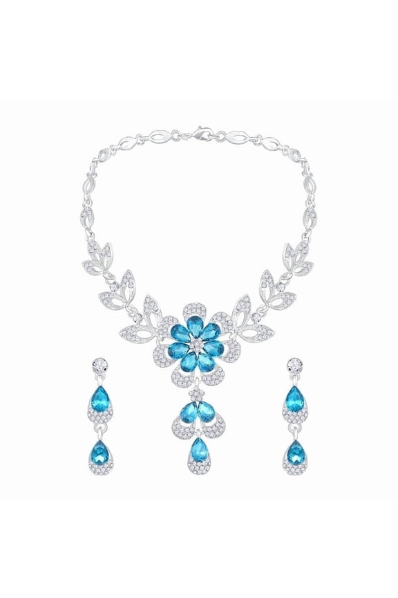 Indian Women's Jewelry Set, Silver Plated Rhinestone Flower Shape Color Matching Water Drop Prom Party Accessories Wedding Bride Earrings Necklace Set