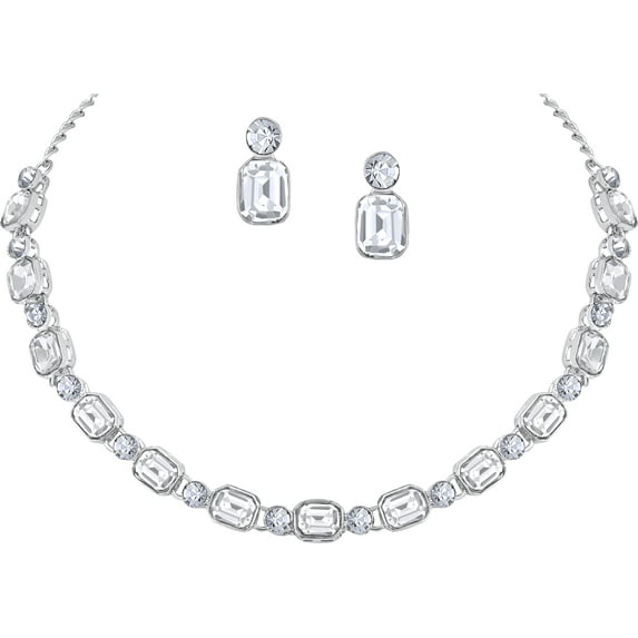Parshwa Creations Indian Women's Silver Plated Bollywood Fashion Alloy Jewelry Set, Rhinestone, Crystal Studed Prom Party Accessories Wedding Bride Earrings Necklace Set,Gift For Her Jewelry