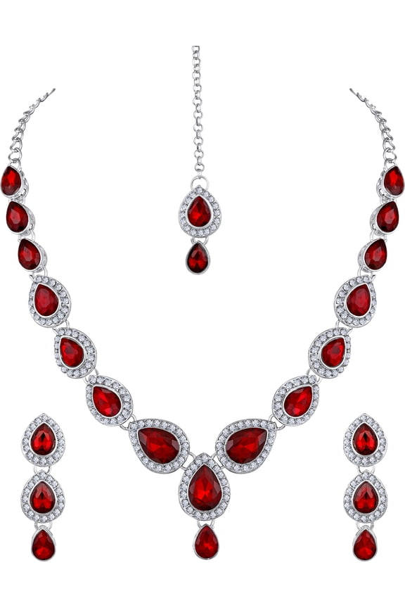 Indian Women's Silver Plated Bollywood Fashion Alloy Jewelry Set, Rhinestone, Crystal Studed Prom Party Accessories Wedding Bride Earrings Necklace Set,Gift For Her Jewelry