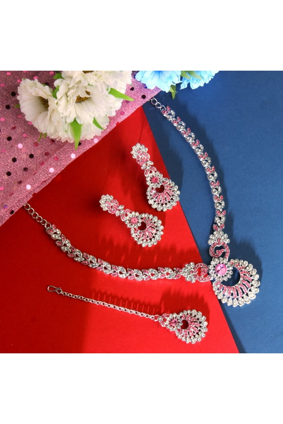 Indian Women's Silver Plated Bollywood Fashion Jewelry Choker Set, Rhinestone Stud Prom Party Accessories Wedding Bride Earrings Necklace Set,Gift For Her Jewelry