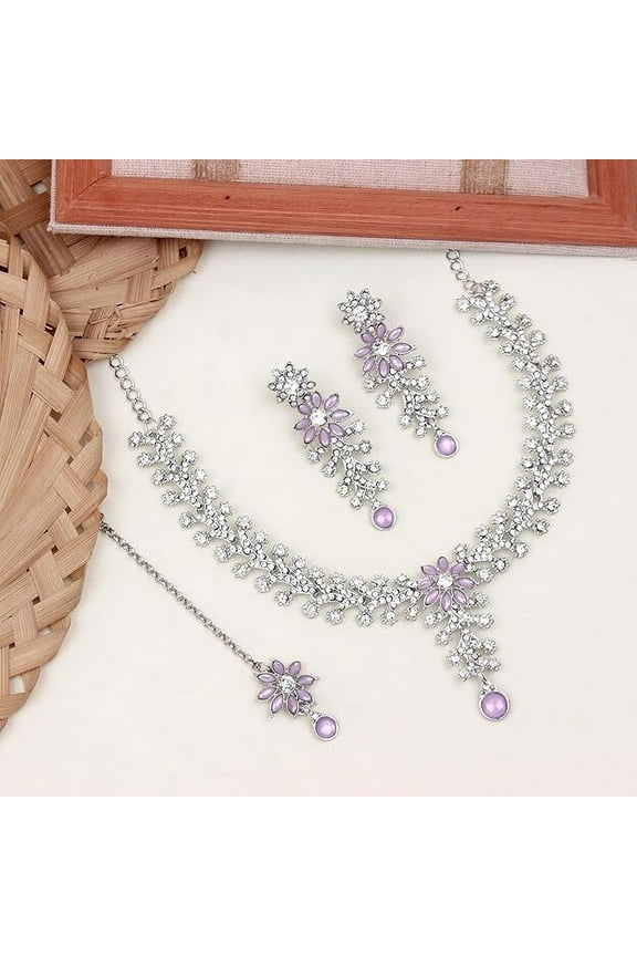 Indian Women's Silver Plated Bollywood Fashion Jewelry Choker Set, Rhinestone Stud Prom Party Accessories Wedding Bride Earrings Necklace Set,Gift For Her Jewelry