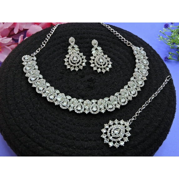 Parshwa Creations Indian Women's Silver Plated Jewelry Choker Set, Rhinestone Crystal Drop Prom Party Accessories Wedding Bride Earrings Necklace Set