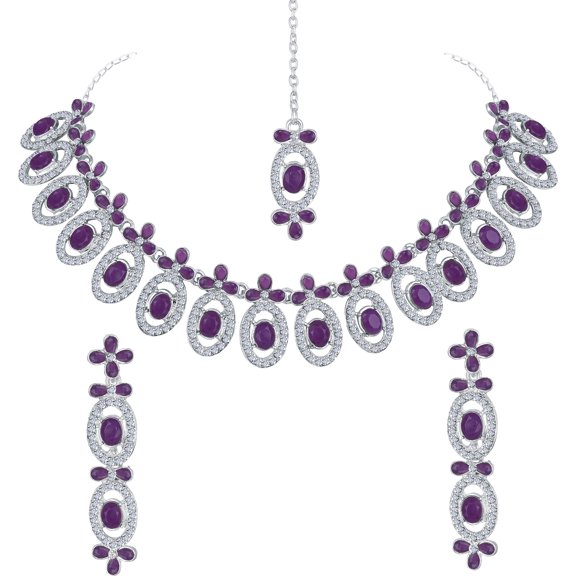 Parshwa Creations Indian Women's Silver Plated Jewelry Choker Set, Rhinestone Necklace, Earrings & Tikka Purple