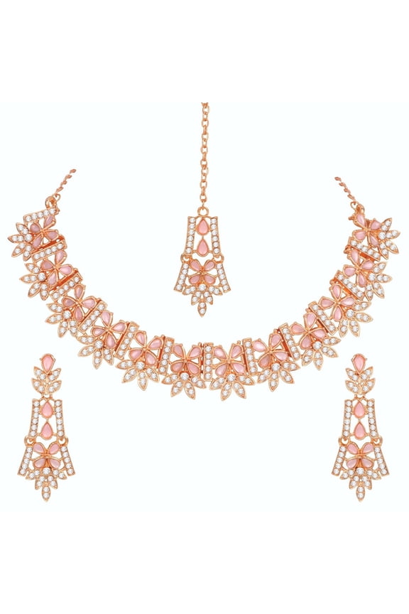 Indian Women's Tradtional Rose Gold Pated Jewelry Set,Wedding & Bridal Wear Necklace Earrings Set,Rhinestone Stud Resin Beads Jewelry Set