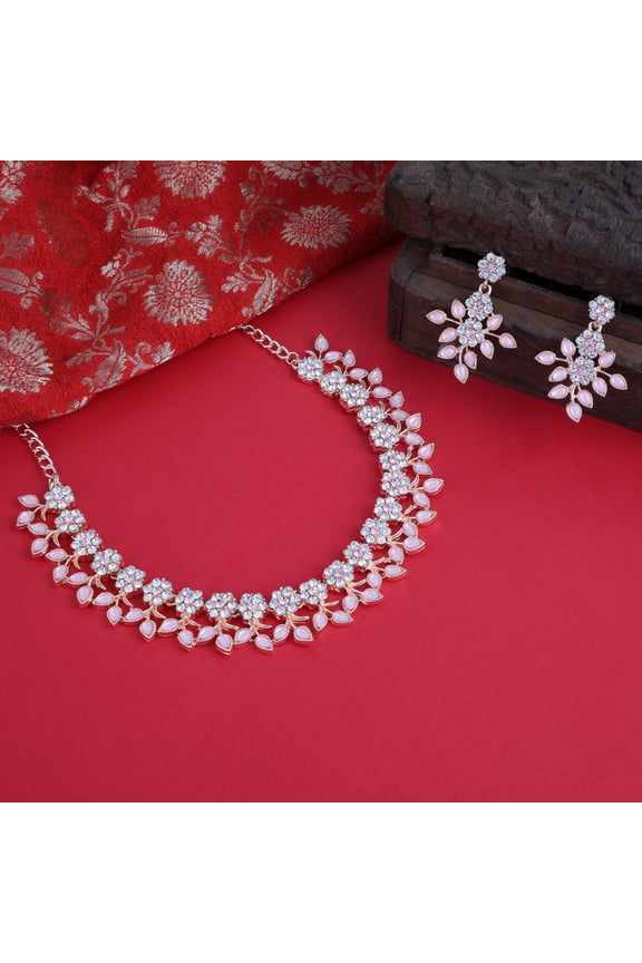 Indian Women's Tradtional Rose Gold Pated Jewelry Set,Wedding & Bridal Wear Necklace Earrings Set,Rhinestone Stud Resin Beads Jewelry Set