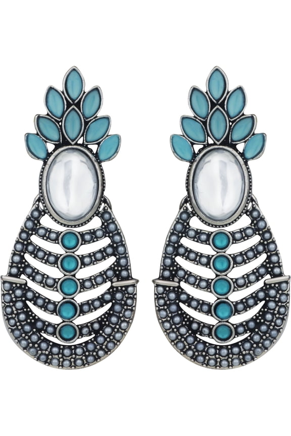 Drop & Dangler Black, Kundan Indian Womens Earrings, Silver Oxidized, Set