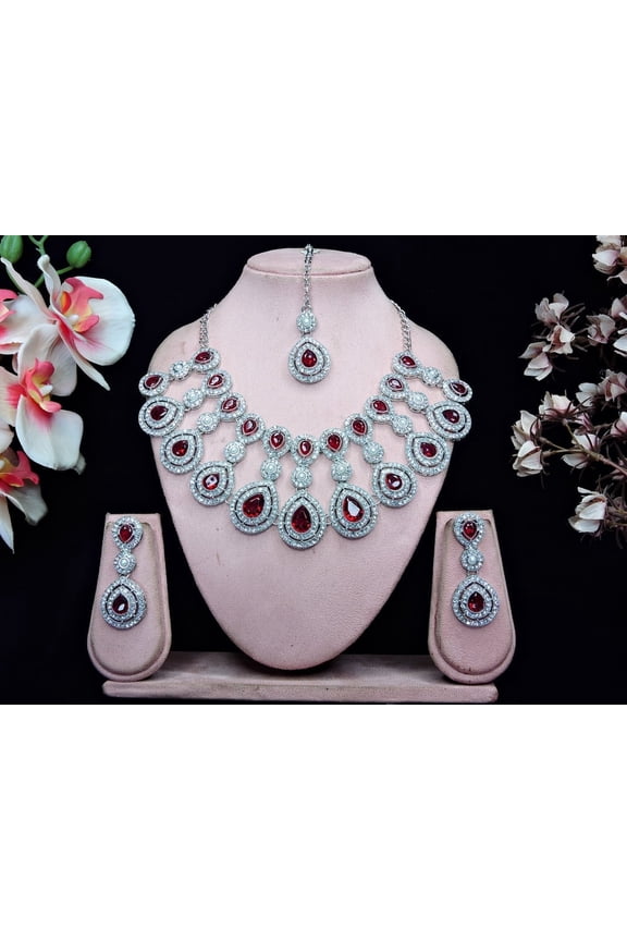 MAROON Exquisite Indian Bollywood Wedding Silver Plated Kundan Jewelry Choker Necklace Set