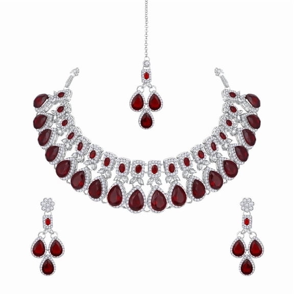 Parshwa Creations Maroon Indian Women's Silver Plated Jewelry Choker Set, Rhinestone Crystal Drop Prom Party Accessories Wedding Bride Earrings Necklace Set