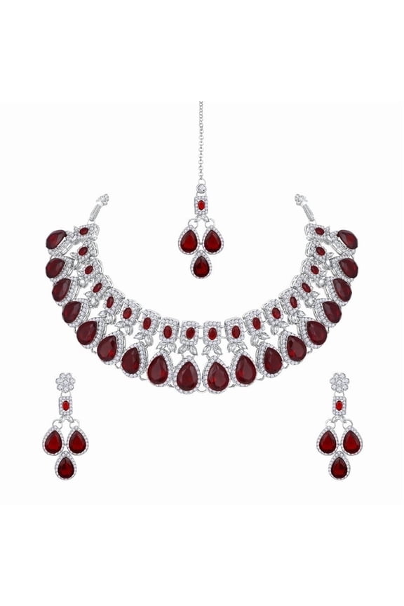 Maroon Indian Women's Silver Plated Jewelry Choker Set, Rhinestone Crystal Drop Prom Party Accessories Wedding Bride Earrings Necklace Set