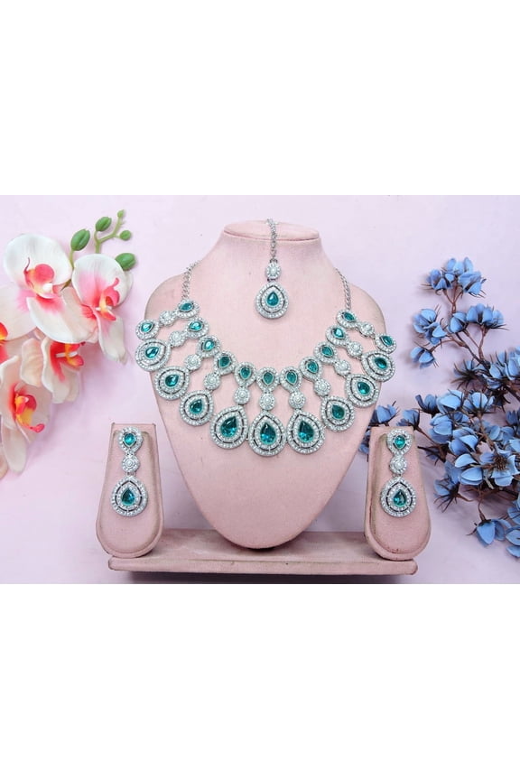 SEA GREEN Exquisite Indian Bollywood Wedding Silver Plated Kundan Jewelry Choker Necklace Set