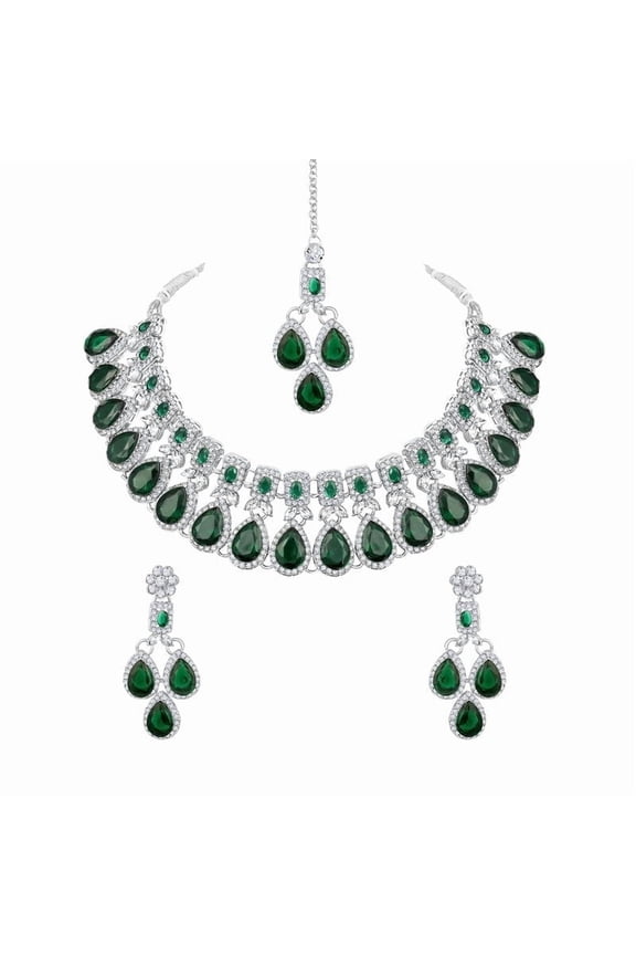 Women's Indian Bollywood Silver Plated Silver Plated Crystals American Diamonds Alloy Necklace Set with Earrings