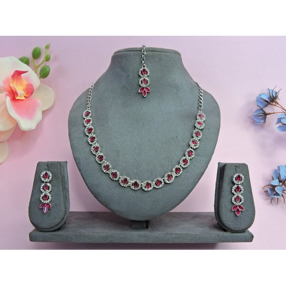 Parshwa Creations Women's Indian Bollywood Stlye Wedding Silver Plated Jewelry Crystals American Diamonds Alloy Necklace Set with Earrings