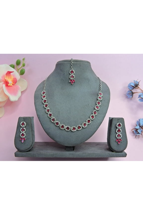 Women's Indian Bollywood Stlye Wedding Silver Plated Jewelry Crystals American Diamonds Alloy Necklace Set with Earrings