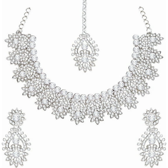 Parshwa Creations Women's Indian Bollywood Stlye Wedding Silver Plated Jewelry Crystals American Diamonds Alloy Necklace Set with Earrings