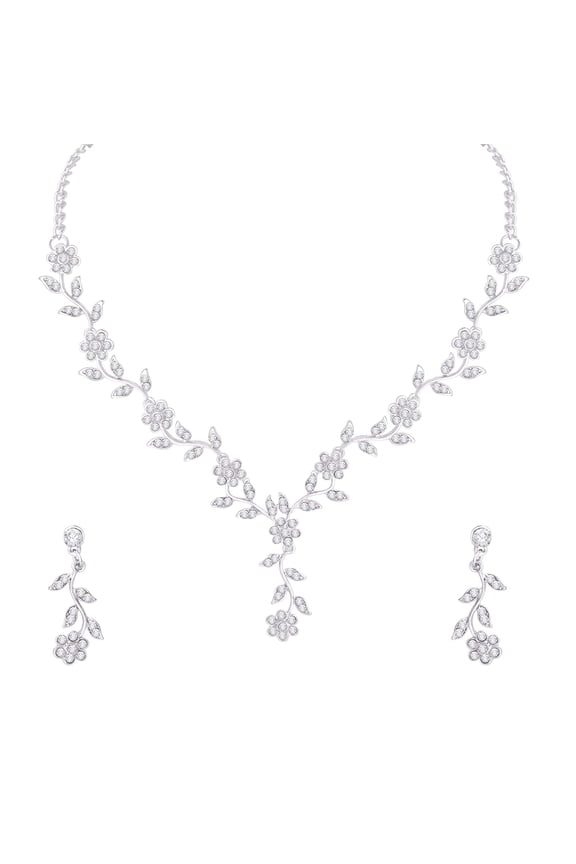 Women's Indian Bollywood Stlye Wedding Silver Plated Jewelry Crystals American Diamonds Alloy Necklace Set with Earrings