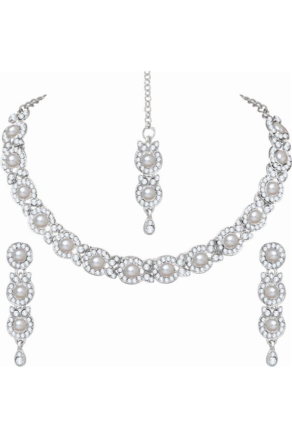 Women's Indian Bollywood Stlye Wedding Silver Plated Jewelry Crystals American Diamonds Alloy Necklace Set with Earrings