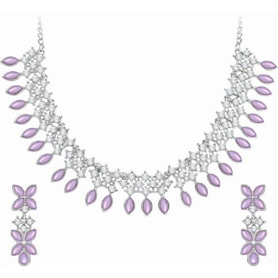 Parshwa Creations Women's Indian Bollywood Stlye Wedding Silver Plated Jewelry Crystals American Diamonds Alloy Necklace Set with Earrings