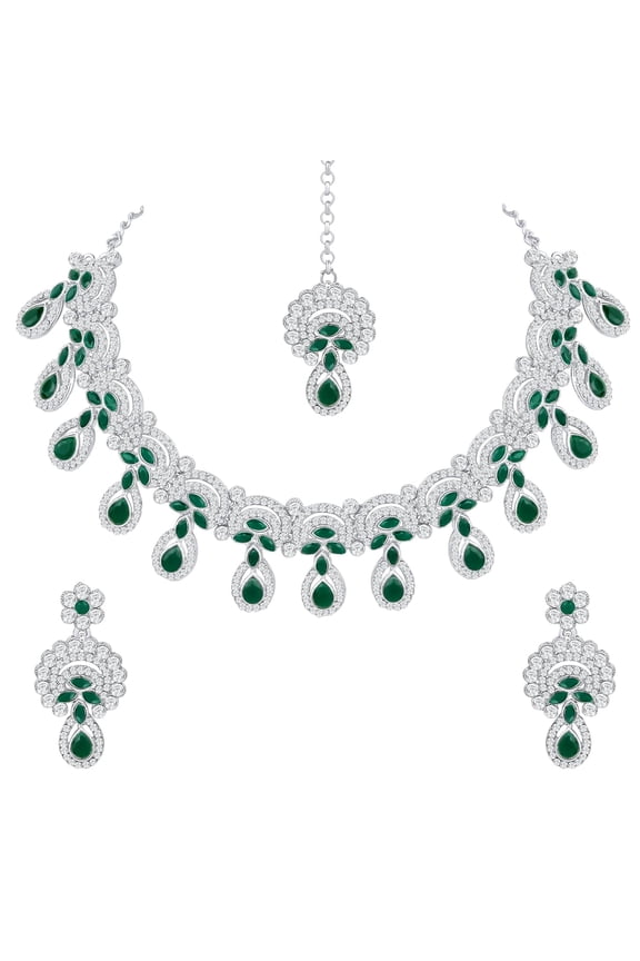 Women's Indian Bollywood Wedding & Party Wear Jewelry Set, Silver-Plated, Crystal Rhinestone, 4 Pieces, Green