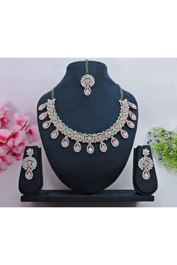 Women's Indian Bollywood Wedding & Party Wear Jewelry Set, Silver Plated Chain Pendant & Earrings,Crystal Rhinestone Necklace Set