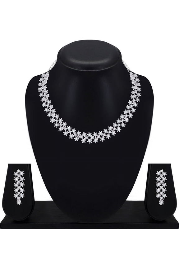 Women's Indian Bollywood Wedding & Party Wear Jewelry Set, Silver Plated Necklace & Earrings, Rhinestone Choker Necklace Set